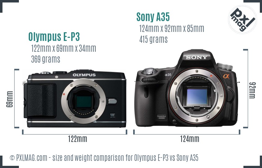 Olympus E-P3 vs Sony A35 size comparison Olympus E-P3 vs Sony A35 size comparison