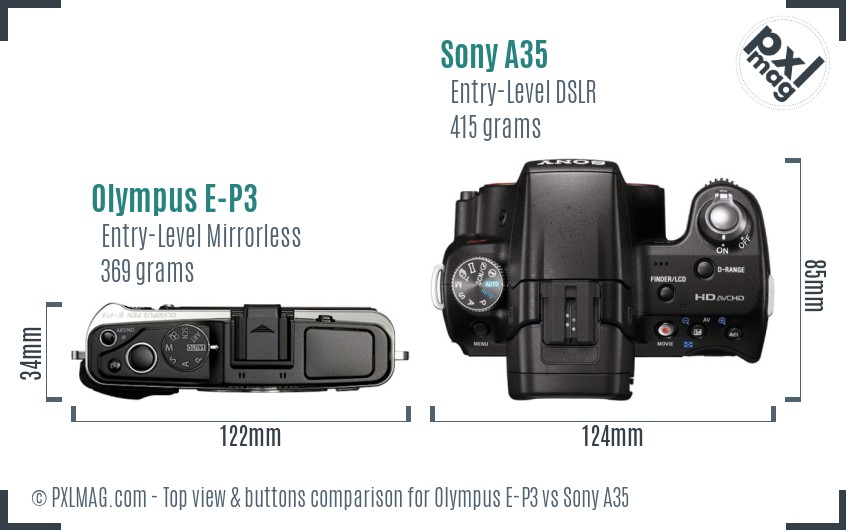 Olympus E-P3 vs Sony A35 top view buttons comparison
