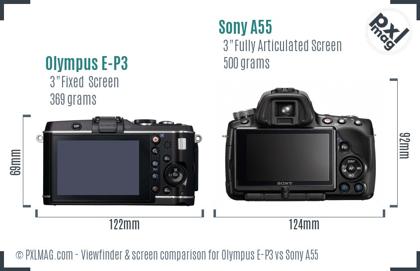 Olympus E-P3 vs Sony A55 Screen and Viewfinder comparison