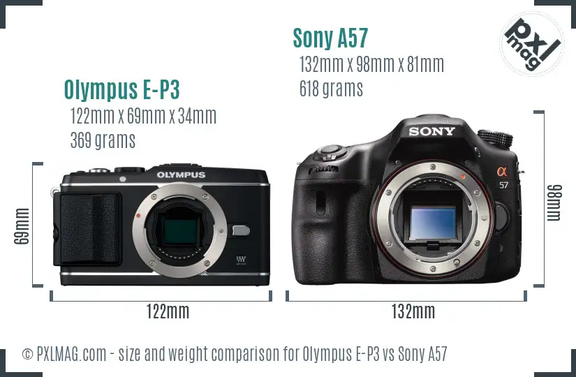 Olympus E-P3 vs Sony A57 size comparison Olympus E-P3 vs Sony A57 size comparison