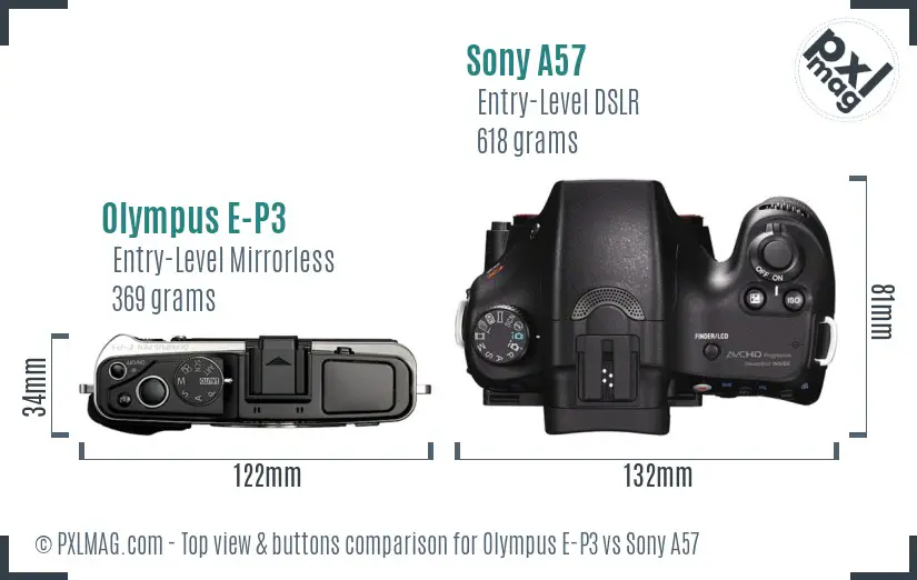 Olympus E-P3 vs Sony A57 top view buttons comparison Olympus E-P3 vs Sony A57 top view buttons comparison