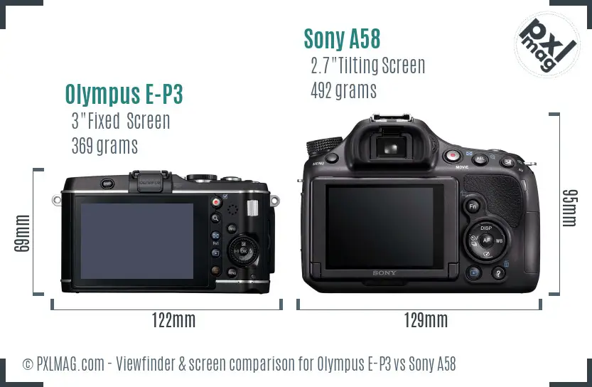 Back screen and interface comparison between Olympus E-P3 and Sony A58