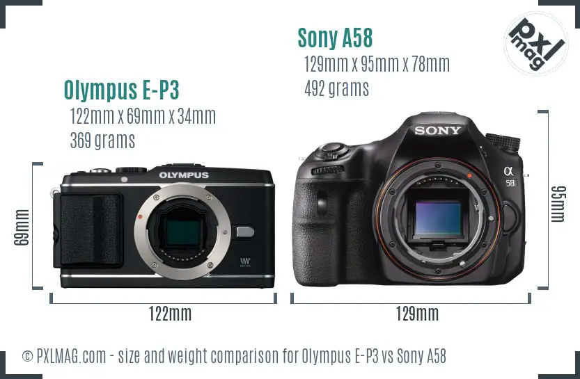 Olympus E-P3 and Sony A58 size and ergonomics side-by-side