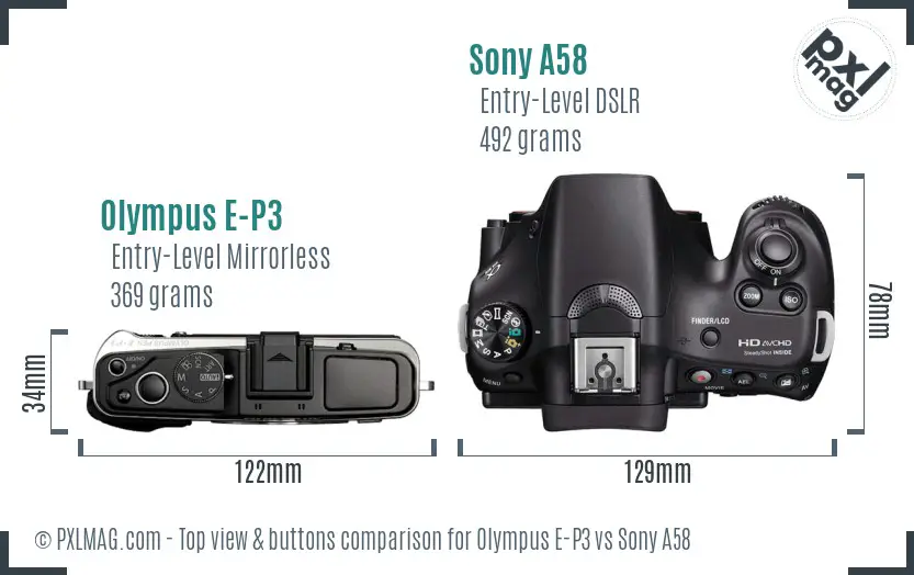 Top view design and control layout comparison of Olympus E-P3 and Sony A58