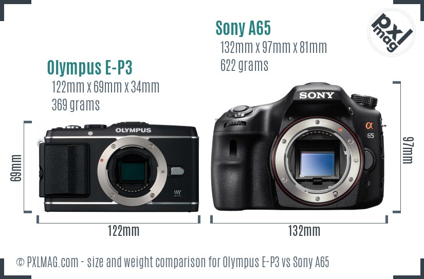 Olympus E-P3 vs Sony A65 size comparison