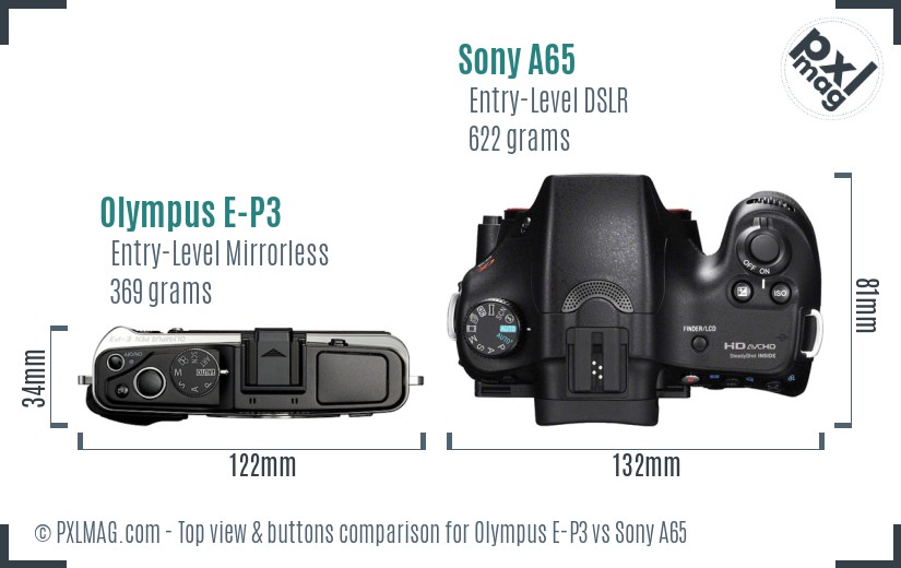 Olympus E-P3 vs Sony A65 top view buttons comparison