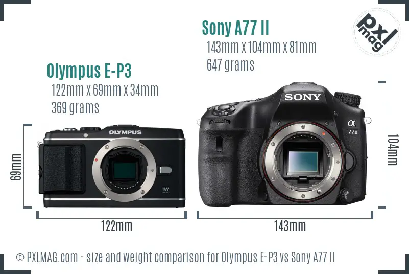 Olympus E-P3 vs Sony A77 II size comparison