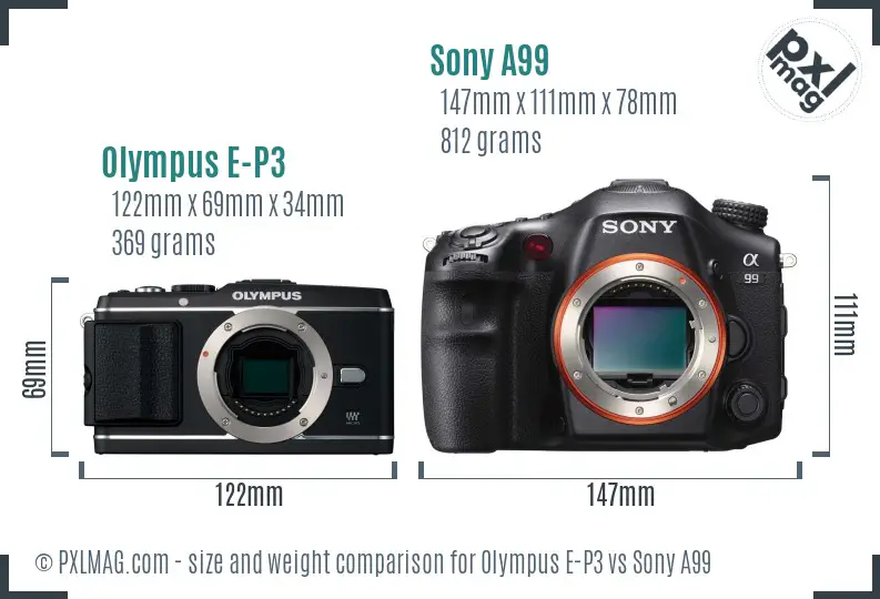 Olympus E-P3 vs Sony A99 size comparison Olympus E-P3 vs Sony A99 size comparison