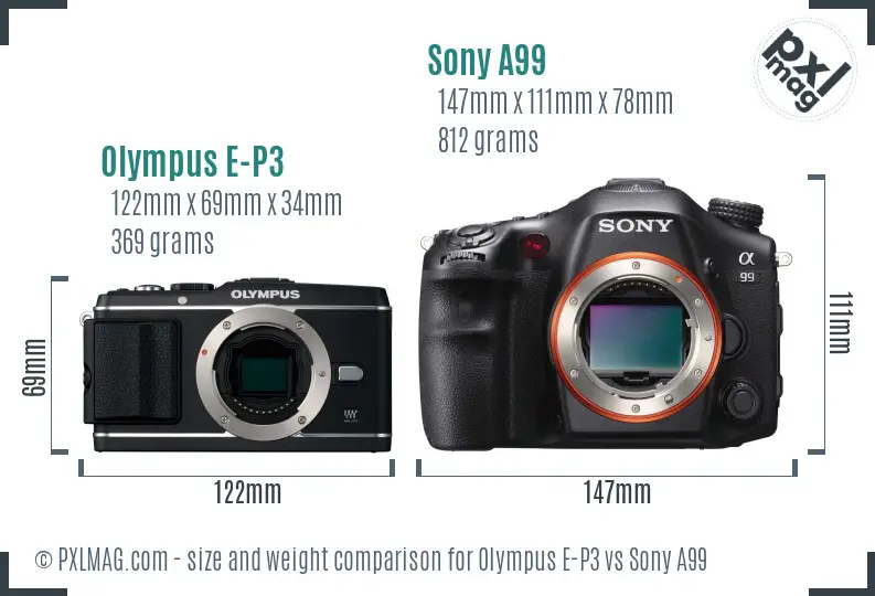 Olympus E-P3 vs Sony A99 size comparison