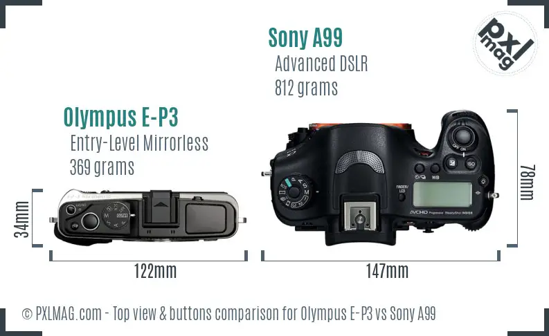 Olympus E-P3 vs Sony A99 top view buttons comparison