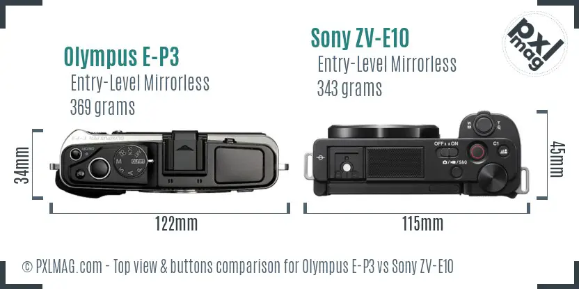 Olympus E-P3 vs Sony ZV-E10 top view buttons comparison