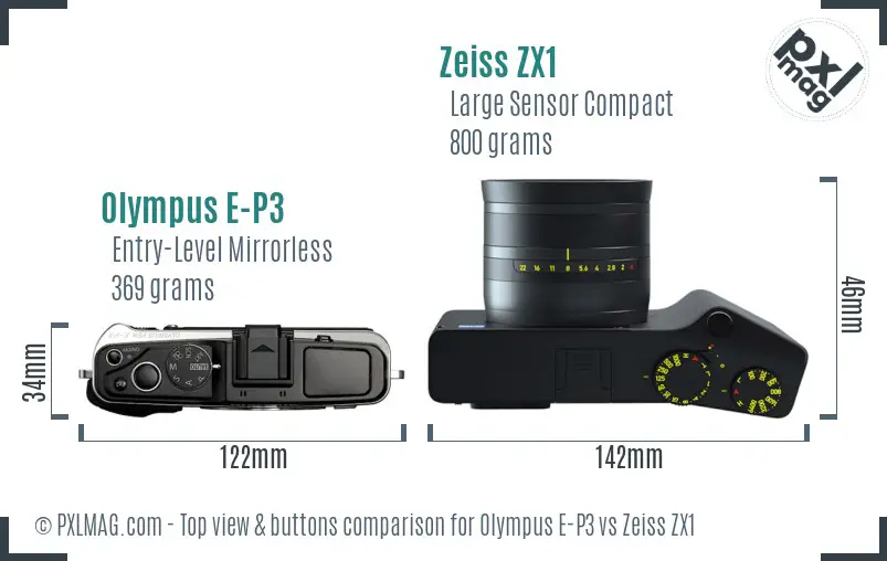 Olympus E-P3 vs Zeiss ZX1 top view buttons comparison Olympus E-P3 vs Zeiss ZX1 top view buttons comparison