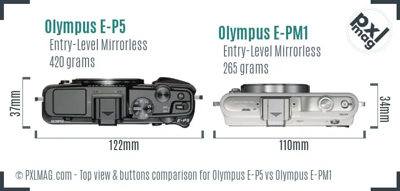 Olympus E-P5 vs Olympus E-PM1 top view buttons comparison