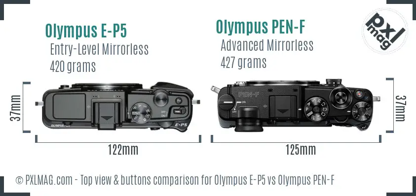 Olympus E-P5 vs Olympus PEN-F top view buttons comparison