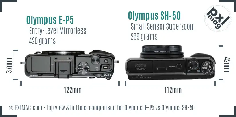 Olympus E-P5 vs Olympus SH-50 top view buttons comparison