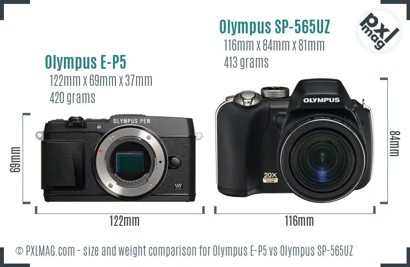 Olympus E-P5 vs Olympus SP-565UZ size comparison