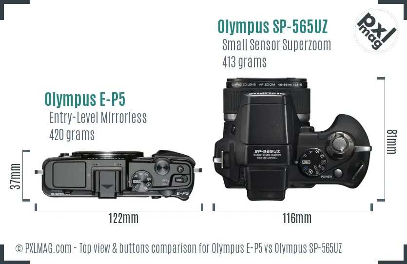 Olympus E-P5 vs Olympus SP-565UZ top view buttons comparison