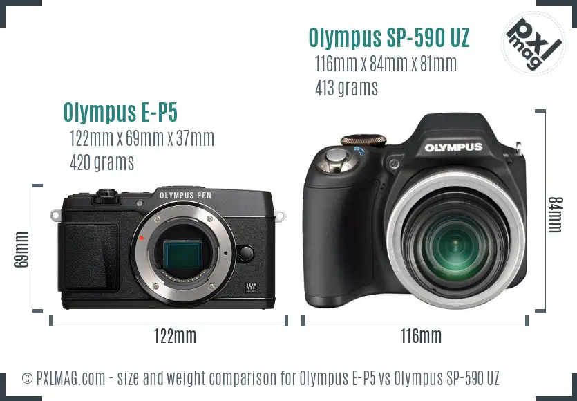 Olympus E-P5 vs Olympus SP-590 UZ size comparison