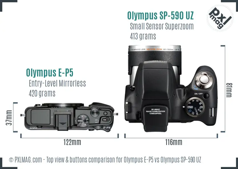 Olympus E-P5 vs Olympus SP-590 UZ top view buttons comparison