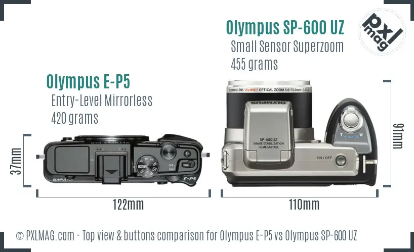 Olympus E-P5 vs Olympus SP-600 UZ top view buttons comparison
