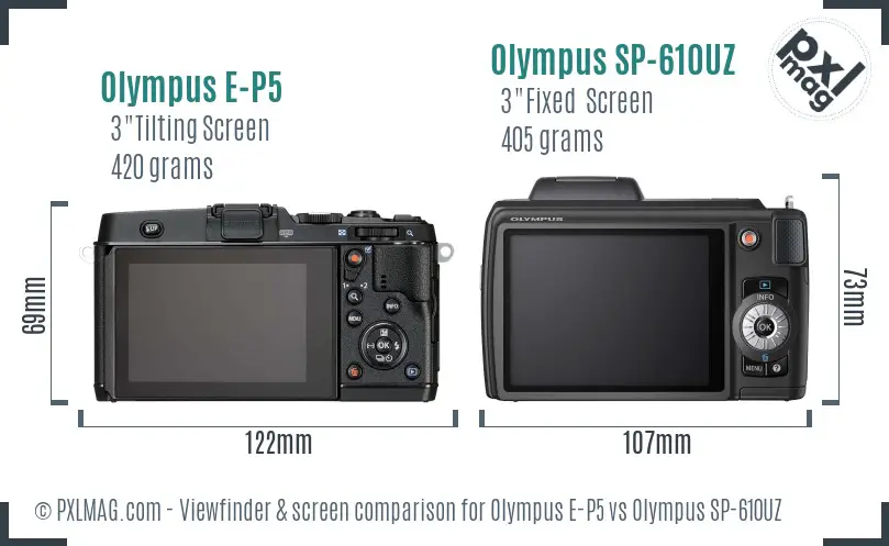 Olympus E-P5 vs Olympus SP-610UZ Screen and Viewfinder comparison
