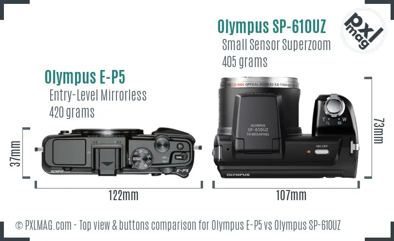Olympus E-P5 vs Olympus SP-610UZ top view buttons comparison