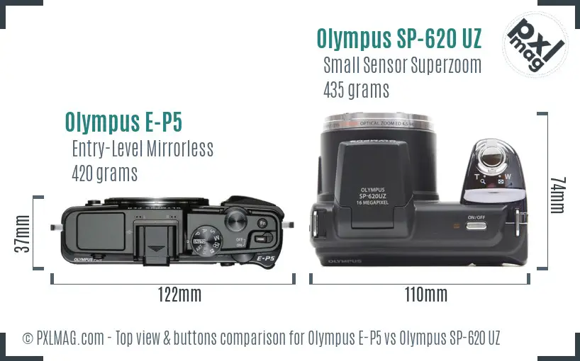 Olympus E-P5 vs Olympus SP-620 UZ top view buttons comparison