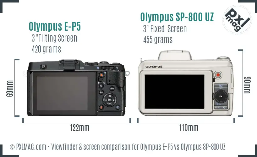 Olympus E-P5 vs Olympus SP-800 UZ Screen and Viewfinder comparison