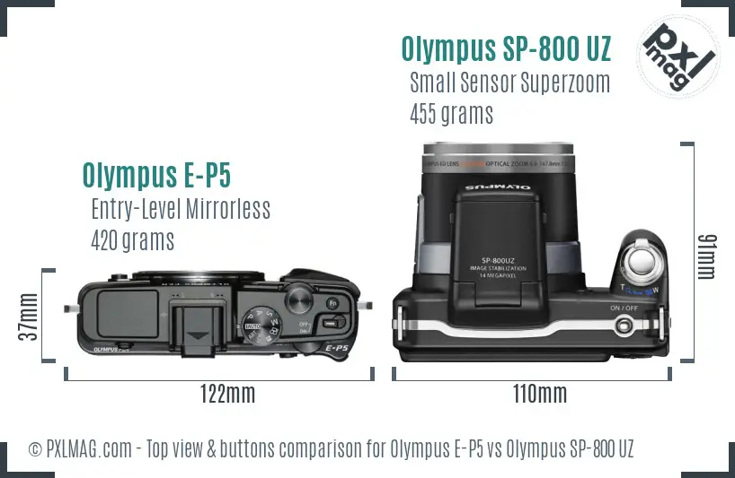 Olympus E-P5 vs Olympus SP-800 UZ top view buttons comparison