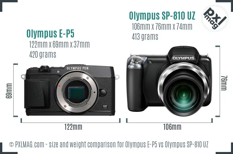 Olympus E-P5 vs Olympus SP-810 UZ size comparison