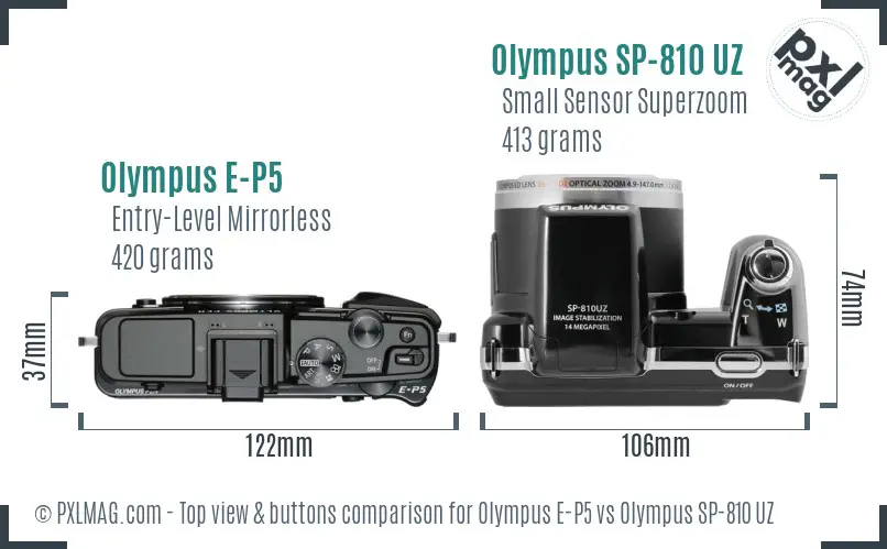 Olympus E-P5 vs Olympus SP-810 UZ top view buttons comparison