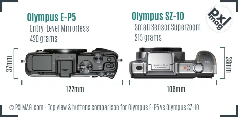 Olympus E-P5 vs Olympus SZ-10 top view buttons comparison