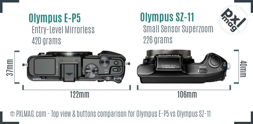 Olympus E-P5 vs Olympus SZ-11 top view buttons comparison