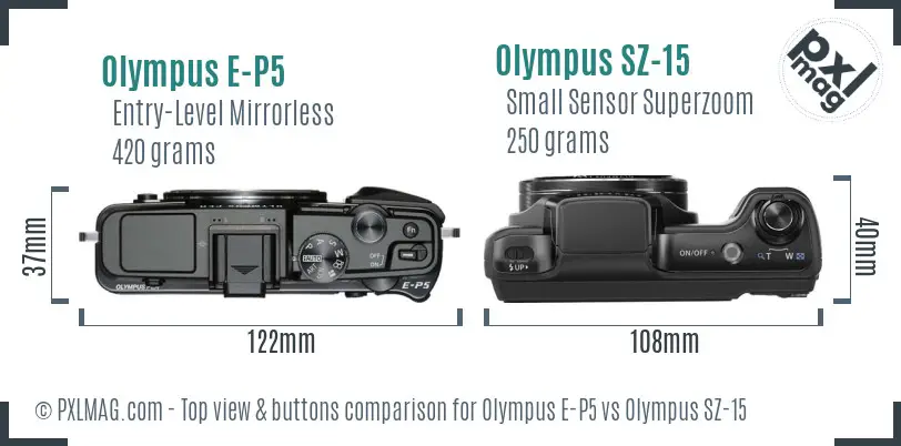 Olympus E-P5 vs Olympus SZ-15 top view buttons comparison