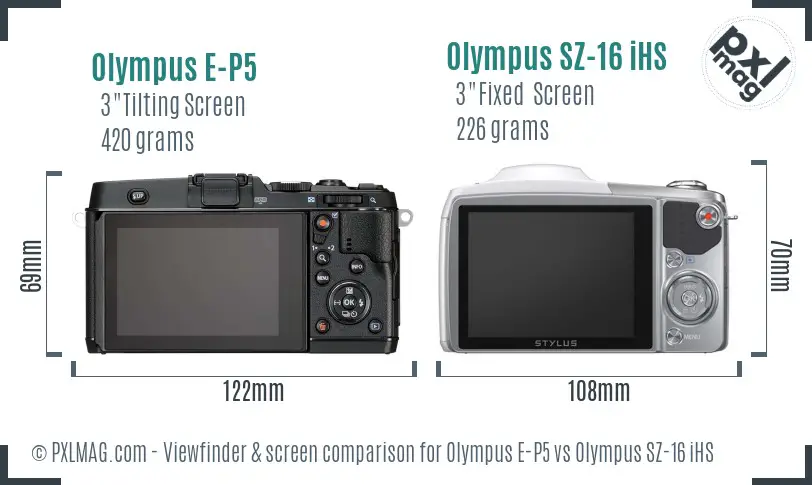 Olympus E-P5 vs Olympus SZ-16 iHS Screen and Viewfinder comparison