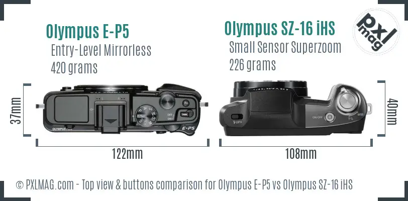 Olympus E-P5 vs Olympus SZ-16 iHS top view buttons comparison