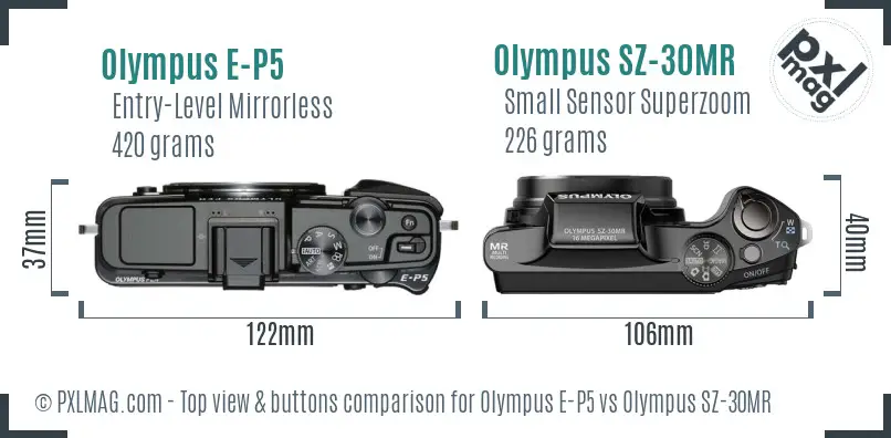 Olympus E-P5 vs Olympus SZ-30MR top view buttons comparison