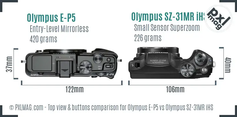 Olympus E-P5 vs Olympus SZ-31MR iHS top view buttons comparison