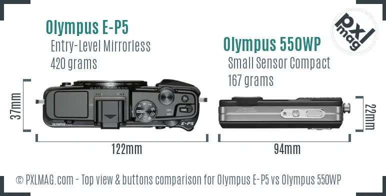 Olympus E-P5 vs Olympus 550WP top view buttons comparison