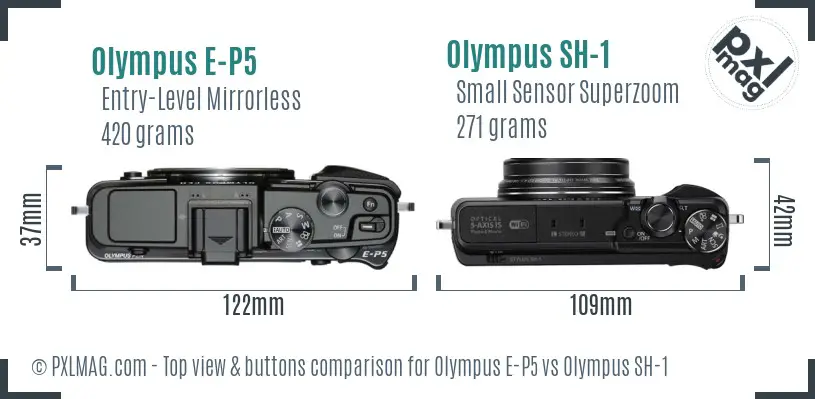 Olympus E-P5 vs Olympus SH-1 top view buttons comparison