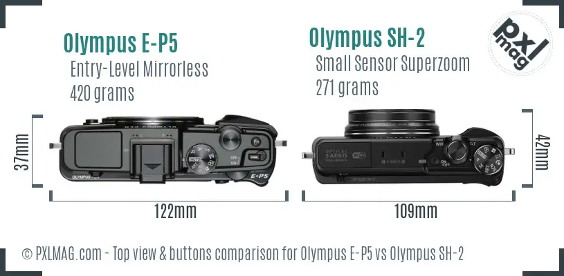 Olympus E-P5 vs Olympus SH-2 top view buttons comparison