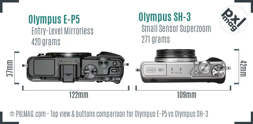 Olympus E-P5 vs Olympus SH-3 top view buttons comparison