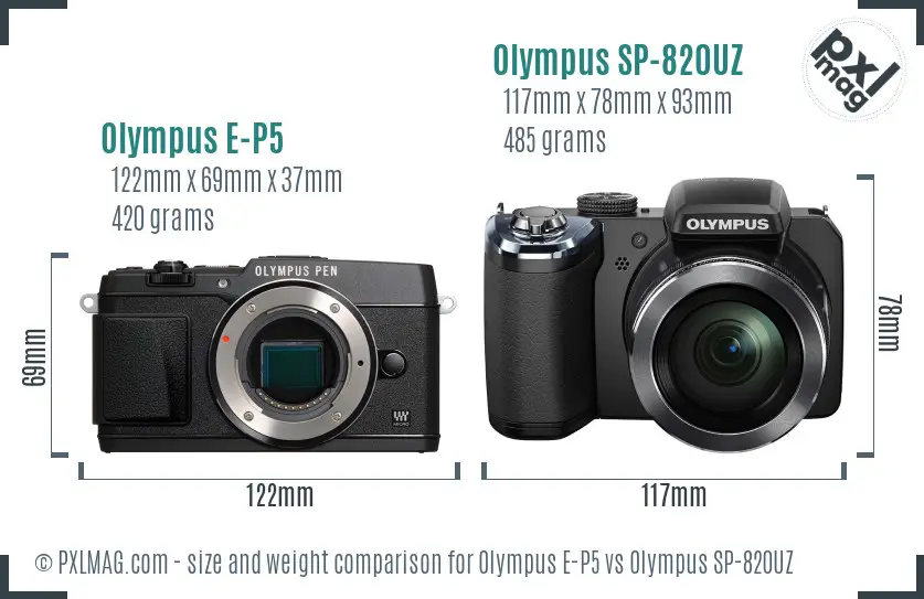Olympus E-P5 vs Olympus SP-820UZ size comparison