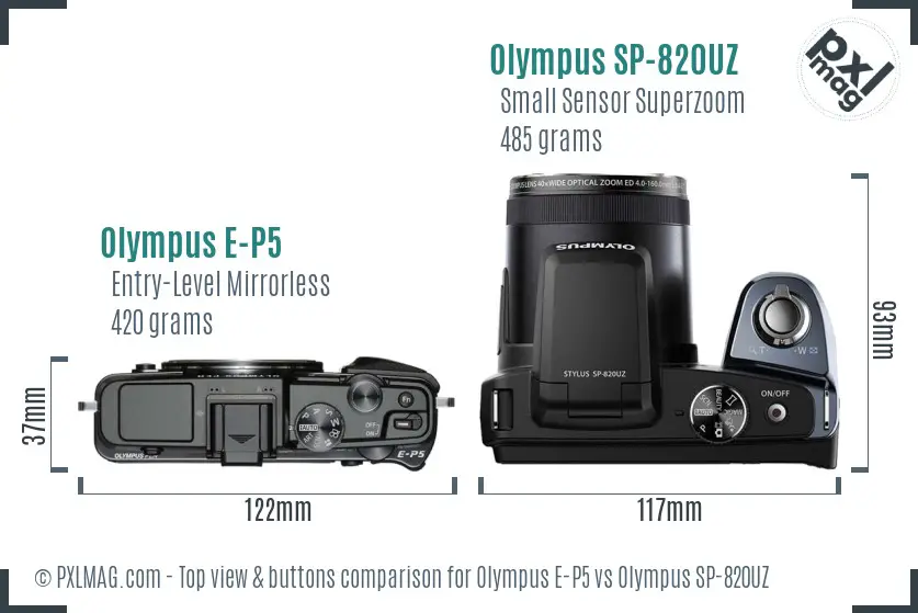 Olympus E-P5 vs Olympus SP-820UZ top view buttons comparison