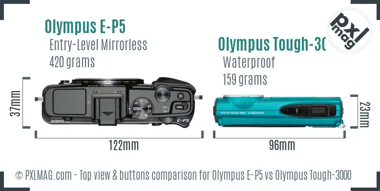 Olympus E-P5 vs Olympus Tough-3000 top view buttons comparison