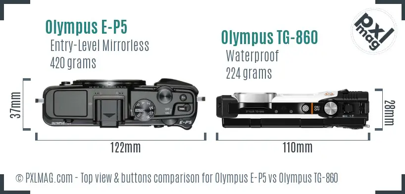 Olympus E-P5 vs Olympus TG-860 top view buttons comparison