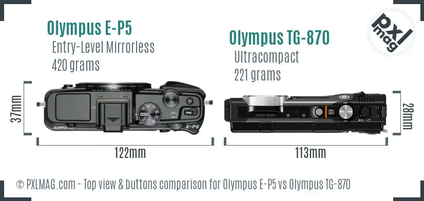 Olympus E-P5 vs Olympus TG-870 top view buttons comparison