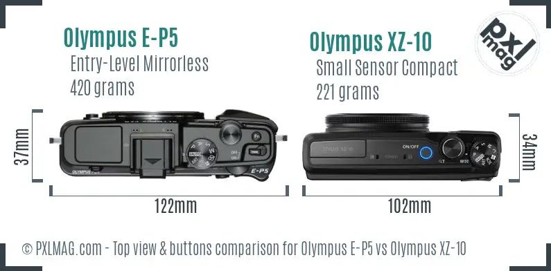 Olympus E-P5 vs Olympus XZ-10 top view buttons comparison