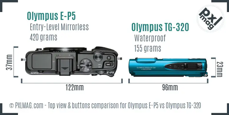Olympus E-P5 vs Olympus TG-320 top view buttons comparison