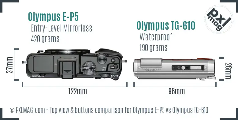 Olympus E-P5 vs Olympus TG-610 top view buttons comparison